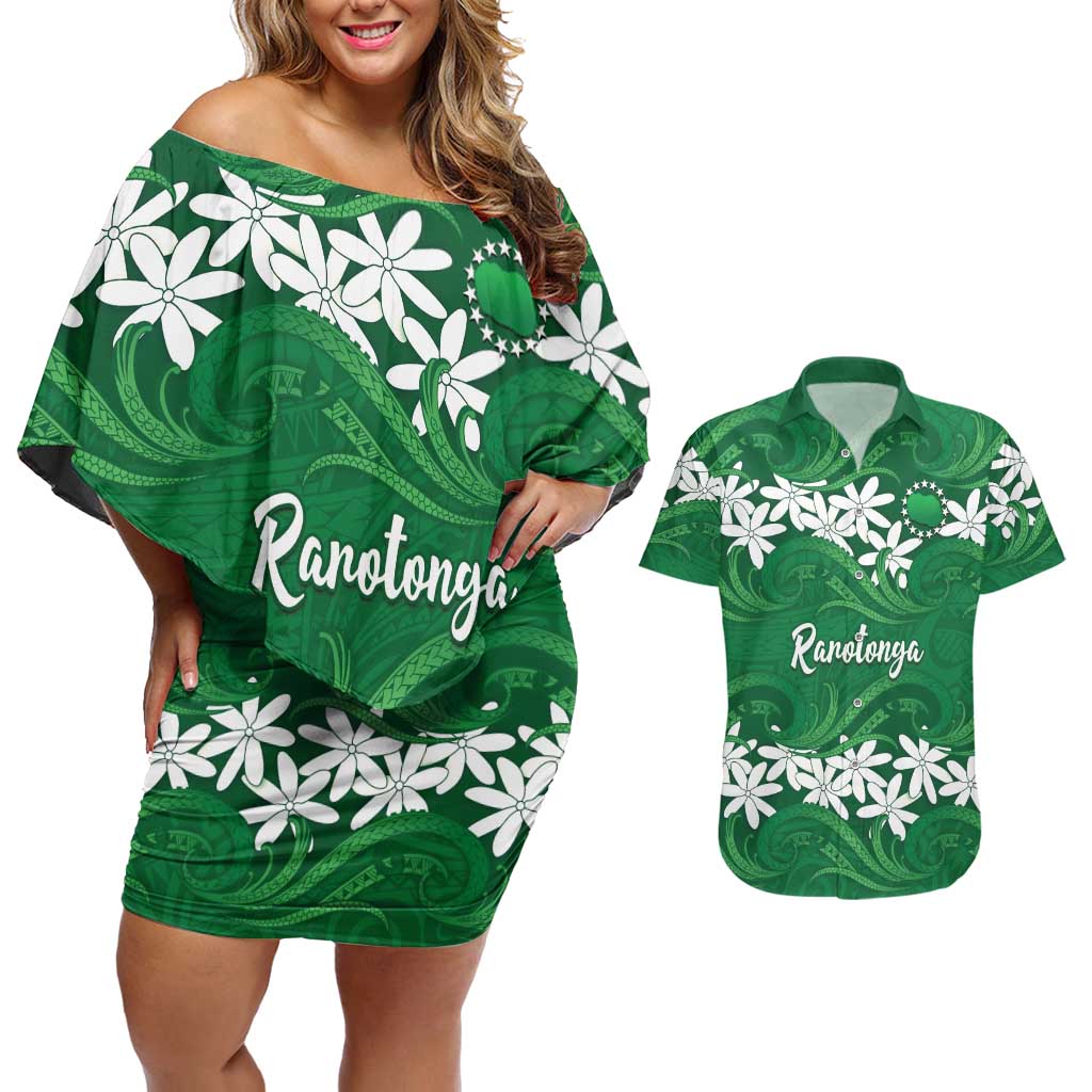 Personalised Cook Islands Rarotonga Couples Matching Off Shoulder Short Dress and Hawaiian Shirt Tiare Maori Polynesian Waves Tattoo LT14 Green - Polynesian Pride