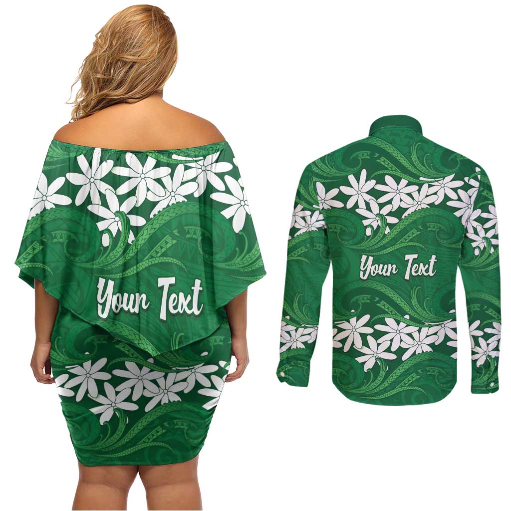 Personalised Cook Islands Rarotonga Couples Matching Off Shoulder Short Dress and Long Sleeve Button Shirt Tiare Maori Polynesian Waves Tattoo LT14 - Polynesian Pride