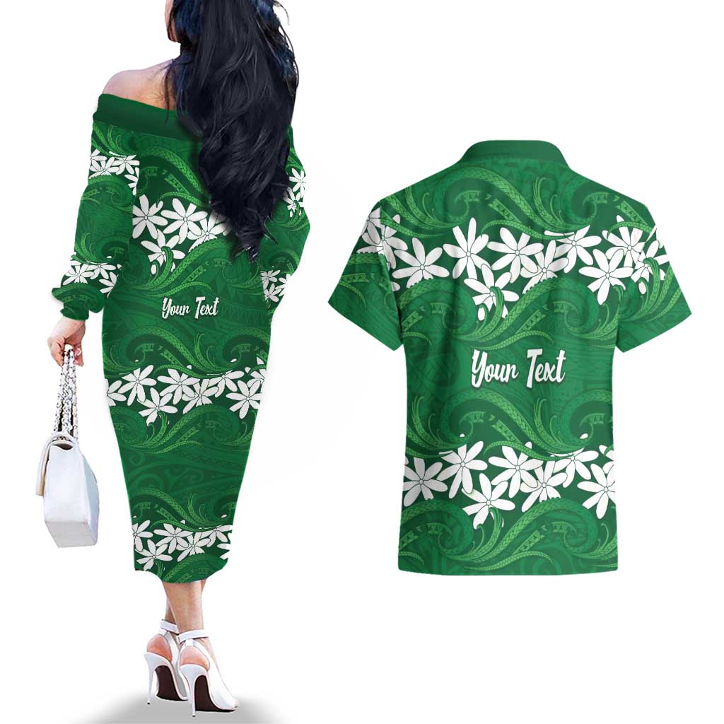 Personalised Cook Islands Rarotonga Couples Matching Off The Shoulder Long Sleeve Dress and Hawaiian Shirt Tiare Maori Polynesian Waves Tattoo