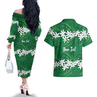 Personalised Cook Islands Rarotonga Couples Matching Off The Shoulder Long Sleeve Dress and Hawaiian Shirt Tiare Maori Polynesian Waves Tattoo