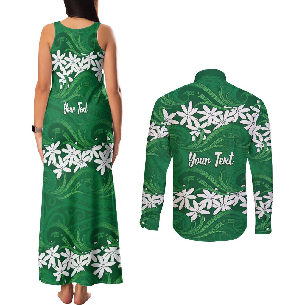 Personalised Cook Islands Rarotonga Couples Matching Tank Maxi Dress and Long Sleeve Button Shirt Tiare Maori Polynesian Waves Tattoo LT14 - Polynesian Pride