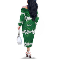 Personalised Cook Islands Rarotonga Family Matching Off The Shoulder Long Sleeve Dress and Hawaiian Shirt Tiare Maori Polynesian Waves Tattoo LT14 - Polynesian Pride