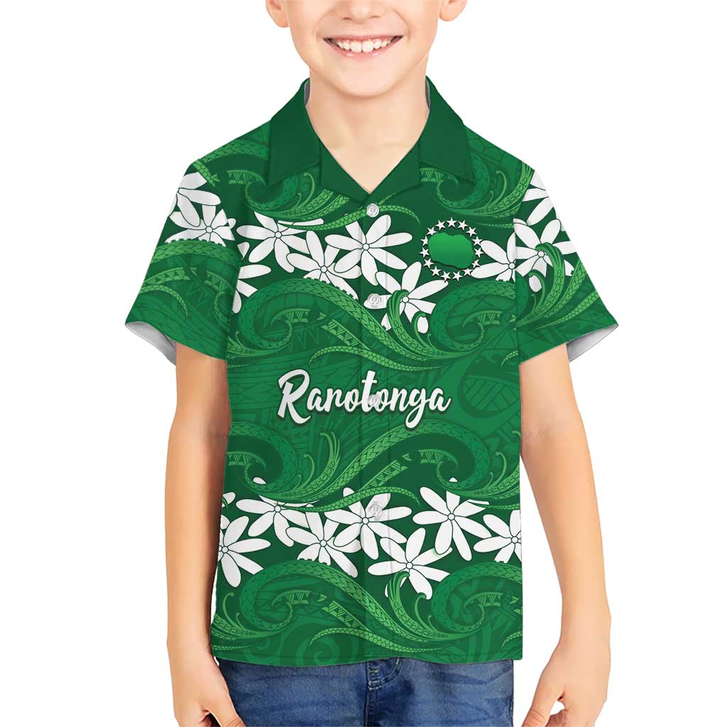 Personalised Cook Islands Rarotonga Family Matching Off The Shoulder Long Sleeve Dress and Hawaiian Shirt Tiare Maori Polynesian Waves Tattoo LT14 Son's Shirt Green - Polynesian Pride