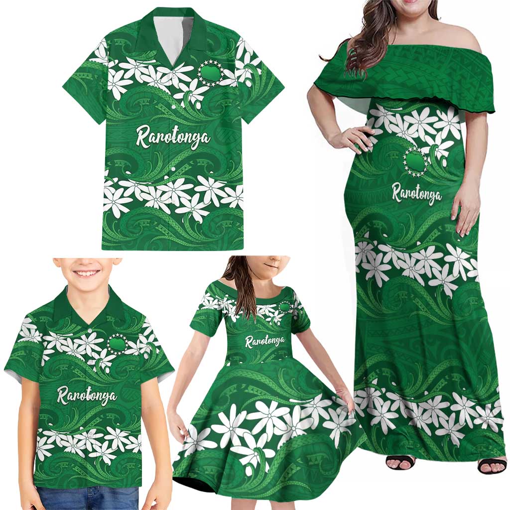 Personalised Cook Islands Rarotonga Family Matching Off Shoulder Maxi Dress and Hawaiian Shirt Tiare Maori Polynesian Waves Tattoo LT14 - Polynesian Pride