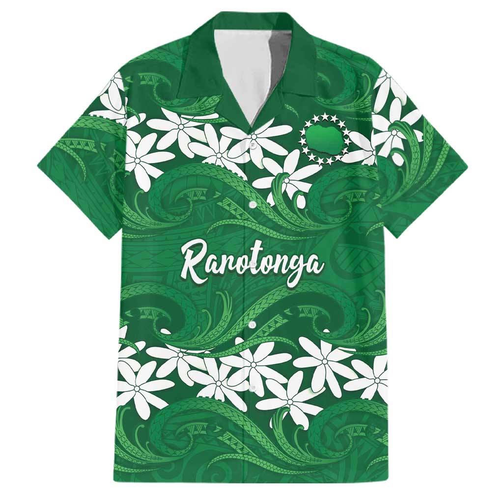 Personalised Cook Islands Rarotonga Family Matching Off Shoulder Maxi Dress and Hawaiian Shirt Tiare Maori Polynesian Waves Tattoo LT14 Dad's Shirt - Short Sleeve Green - Polynesian Pride