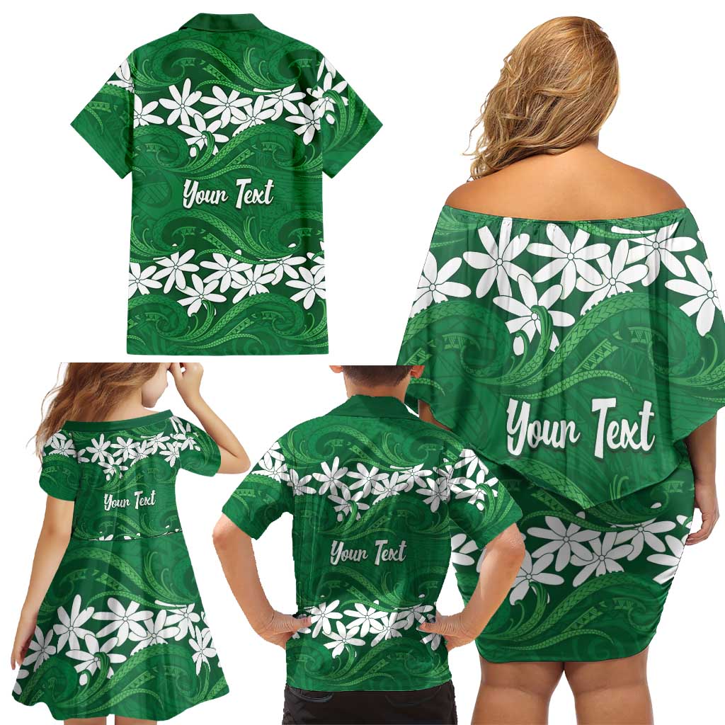 Personalised Cook Islands Rarotonga Family Matching Off Shoulder Short Dress and Hawaiian Shirt Tiare Maori Polynesian Waves Tattoo LT14 - Polynesian Pride
