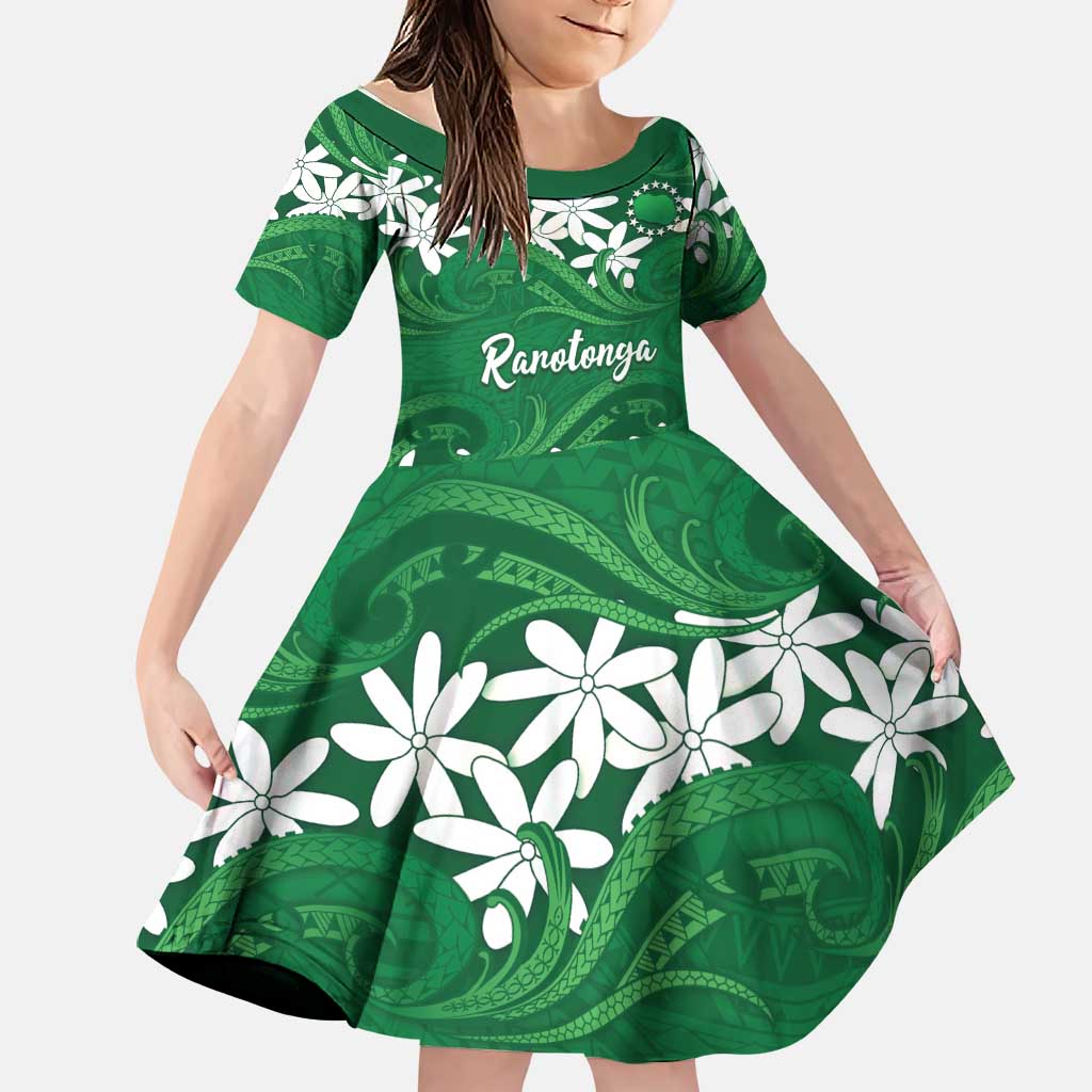 Personalised Cook Islands Rarotonga Family Matching Short Sleeve Bodycon Dress and Hawaiian Shirt Tiare Maori Polynesian Waves Tattoo LT14 Daughter's Dress Green - Polynesian Pride