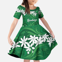 Personalised Cook Islands Rarotonga Family Matching Short Sleeve Bodycon Dress and Hawaiian Shirt Tiare Maori Polynesian Waves Tattoo LT14 Daughter's Dress Green - Polynesian Pride