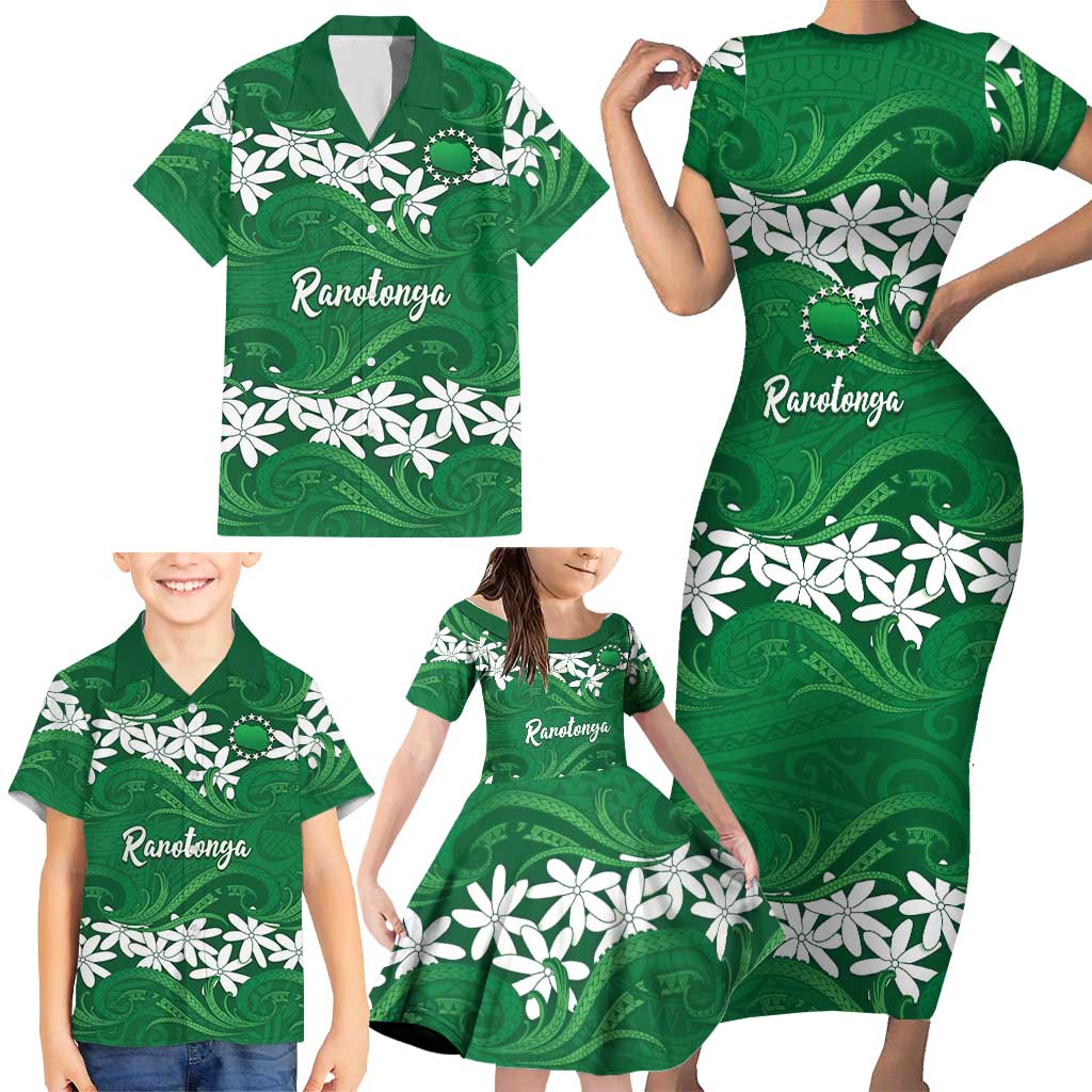 Personalised Cook Islands Rarotonga Family Matching Short Sleeve Bodycon Dress and Hawaiian Shirt Tiare Maori Polynesian Waves Tattoo LT14 - Polynesian Pride