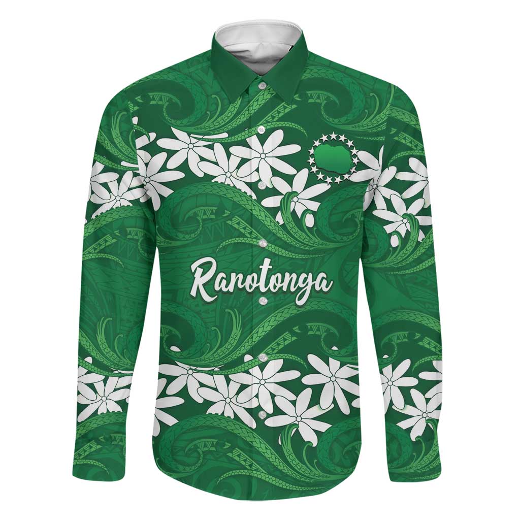 Personalised Cook Islands Rarotonga Family Matching Tank Maxi Dress and Hawaiian Shirt Tiare Maori Polynesian Waves Tattoo LT14 Dad's Shirt - Long Sleeve Green - Polynesian Pride