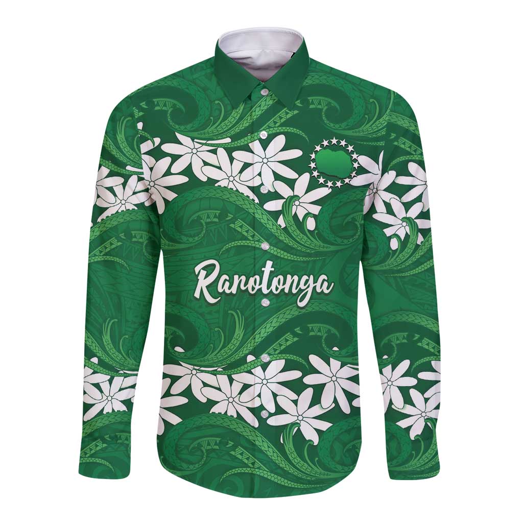 Personalised Cook Islands Rarotonga Long Sleeve Button Shirt Tiare Maori Polynesian Waves Tattoo LT14 Unisex Green - Polynesian Pride