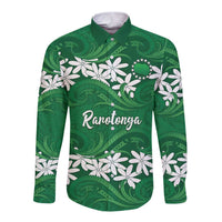 Personalised Cook Islands Rarotonga Long Sleeve Button Shirt Tiare Maori Polynesian Waves Tattoo LT14 Unisex Green - Polynesian Pride