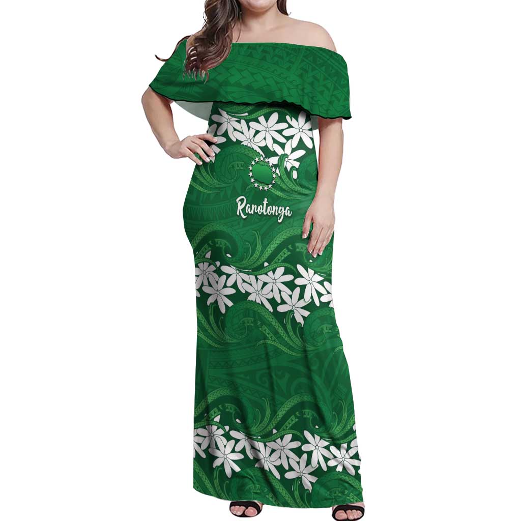 Personalised Cook Islands Rarotonga Off Shoulder Maxi Dress Tiare Maori Polynesian Waves Tattoo