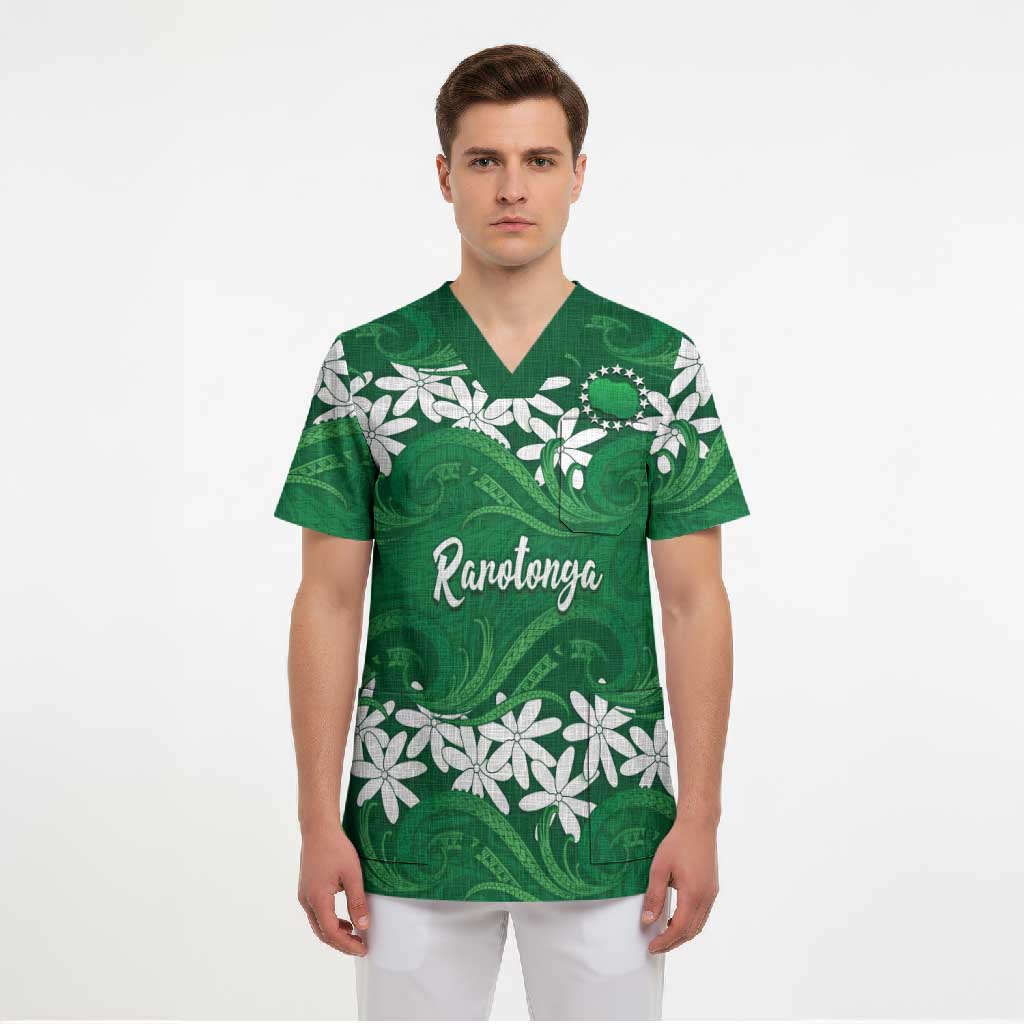 Personalised Cook Islands Rarotonga Scrub Top Tiare Maori Polynesian Waves Tattoo