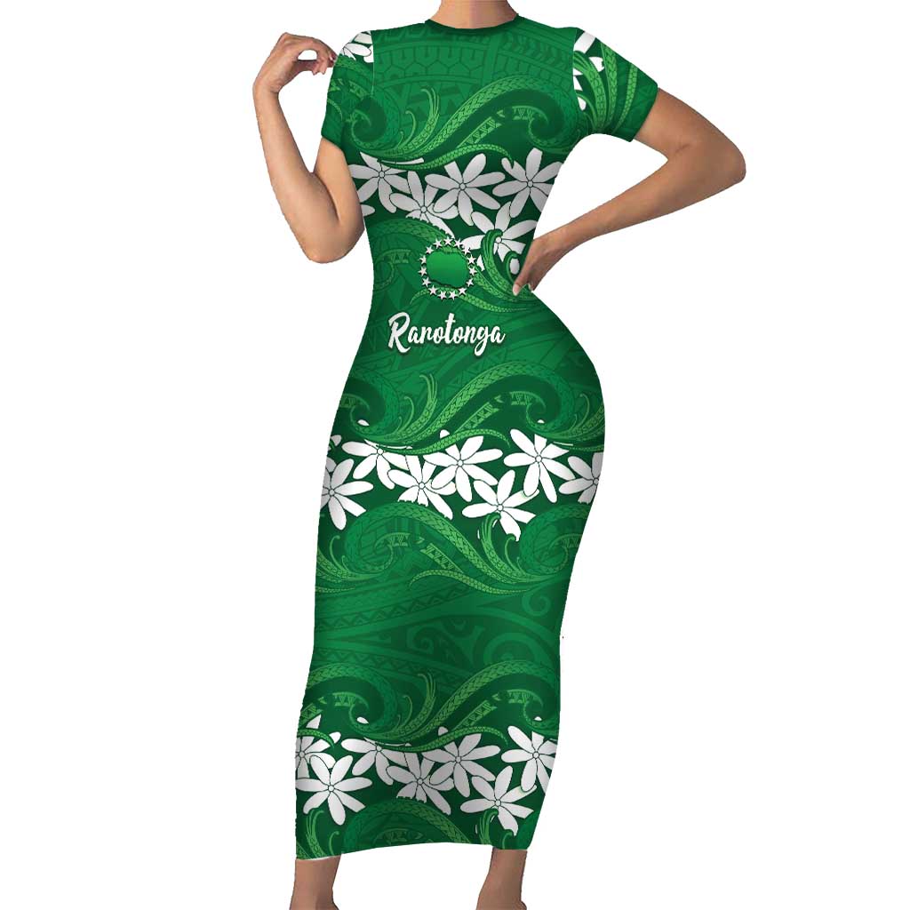 Personalised Cook Islands Rarotonga Short Sleeve Bodycon Dress Tiare Maori Polynesian Waves Tattoo LT14 Long Dress Green - Polynesian Pride