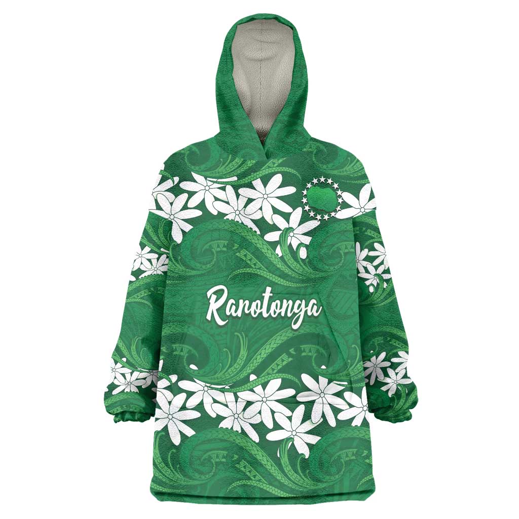 Personalised Cook Islands Rarotonga Wearable Blanket Hoodie Tiare Maori Polynesian Waves Tattoo