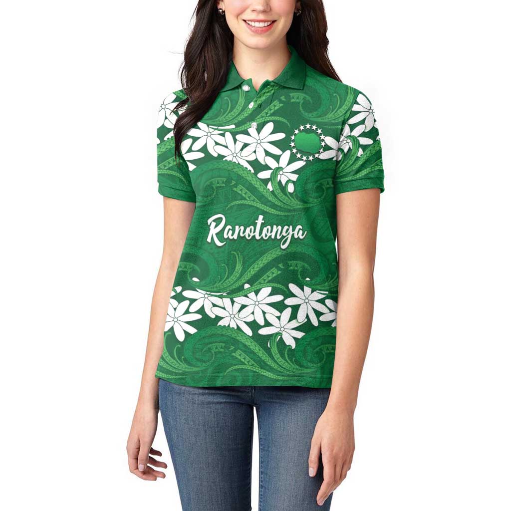Personalised Cook Islands Rarotonga Women Polo Shirt Tiare Maori Polynesian Waves Tattoo LT14 - Polynesian Pride
