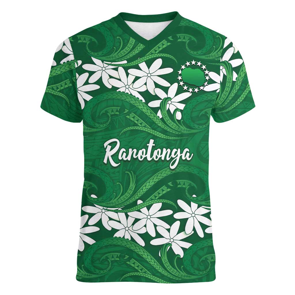 Personalised Cook Islands Rarotonga Women V-Neck T-Shirt Tiare Maori Polynesian Waves Tattoo LT14 Female Green - Polynesian Pride