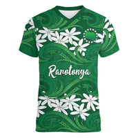 Personalised Cook Islands Rarotonga Women V-Neck T-Shirt Tiare Maori Polynesian Waves Tattoo LT14 Female Green - Polynesian Pride