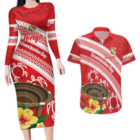 Kingdom Of Tonga Emancipation Day Couples Matching Long Sleeve Bodycon Dress and Hawaiian Shirt Tongan Ngatu With Kumete Red