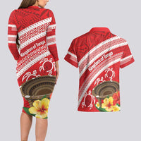 Kingdom Of Tonga Emancipation Day Couples Matching Long Sleeve Bodycon Dress and Hawaiian Shirt Tongan Ngatu With Kumete Red