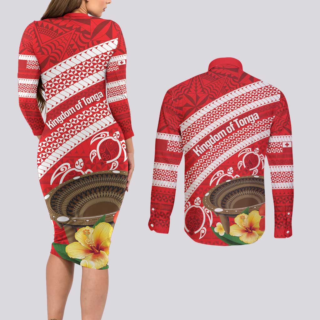 Kingdom Of Tonga Emancipation Day Couples Matching Long Sleeve Bodycon Dress and Long Sleeve Button Shirt Tongan Ngatu With Kumete Red
