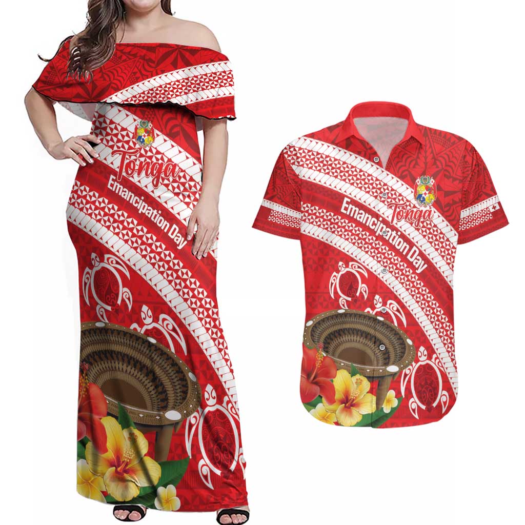 Kingdom Of Tonga Emancipation Day Couples Matching Off Shoulder Maxi Dress and Hawaiian Shirt Tongan Ngatu With Kumete Red