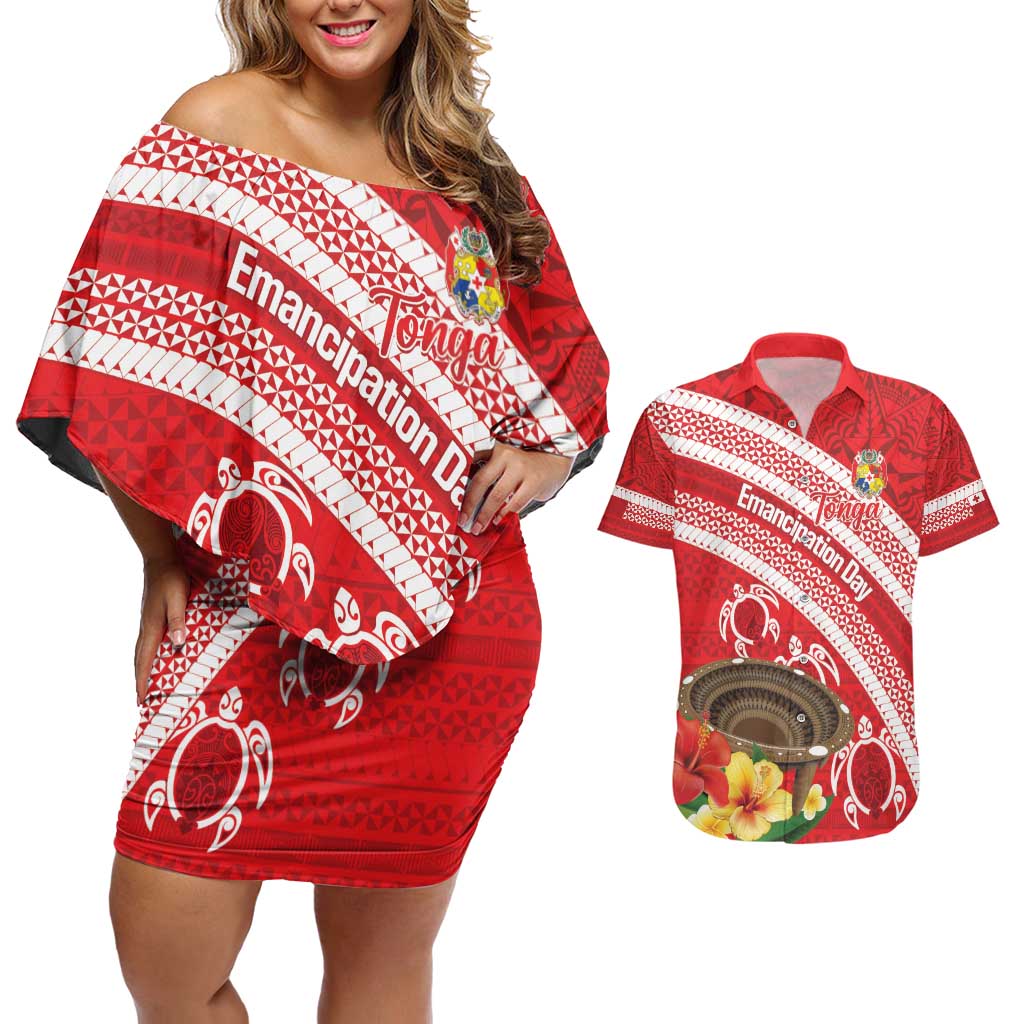 Kingdom Of Tonga Emancipation Day Couples Matching Off Shoulder Short Dress and Hawaiian Shirt Tongan Ngatu With Kumete Red
