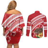 Kingdom Of Tonga Emancipation Day Couples Matching Off Shoulder Short Dress and Long Sleeve Button Shirt Tongan Ngatu With Kumete Red