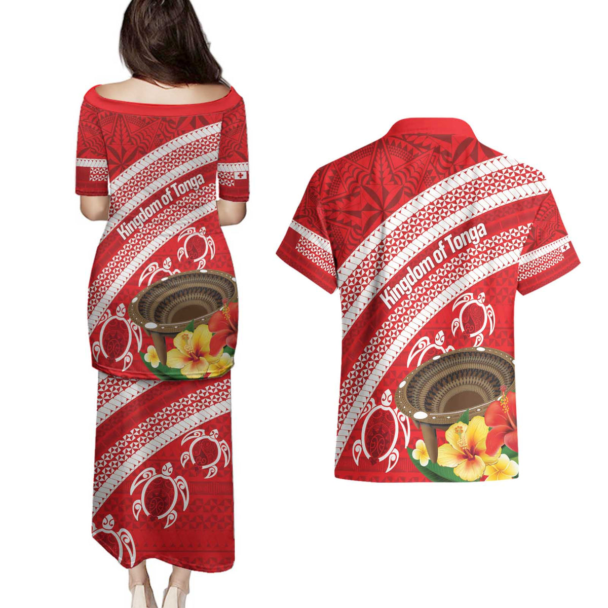 Kingdom Of Tonga Emancipation Day Couples Matching Puletasi and Hawaiian Shirt Tongan Ngatu With Kumete Red