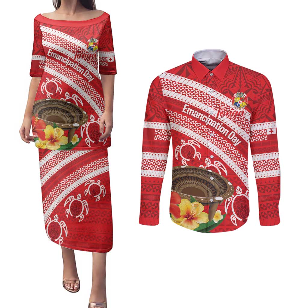 Kingdom Of Tonga Emancipation Day Couples Matching Puletasi and Long Sleeve Button Shirt Tongan Ngatu With Kumete Red