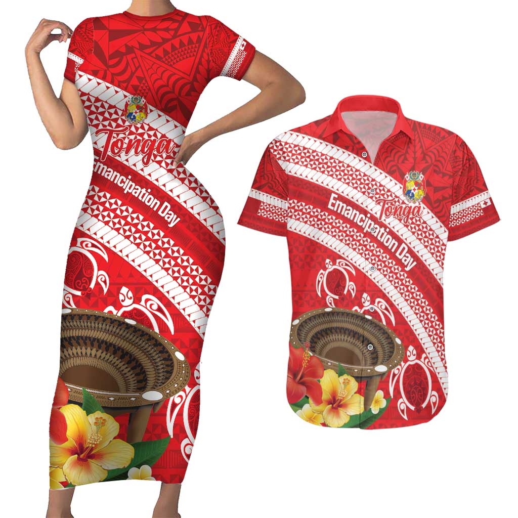 Kingdom Of Tonga Emancipation Day Couples Matching Short Sleeve Bodycon Dress and Hawaiian Shirt Tongan Ngatu With Kumete Red