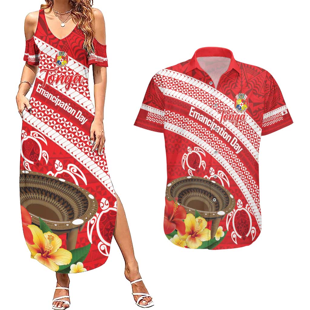Kingdom Of Tonga Emancipation Day Couples Matching Summer Maxi Dress and Hawaiian Shirt Tongan Ngatu With Kumete Red
