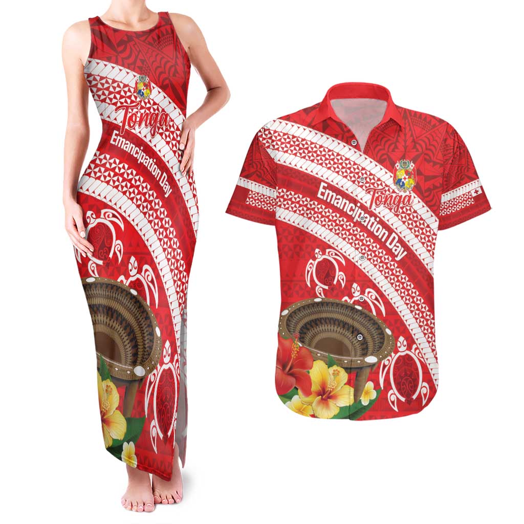 Kingdom Of Tonga Emancipation Day Couples Matching Tank Maxi Dress and Hawaiian Shirt Tongan Ngatu With Kumete Red