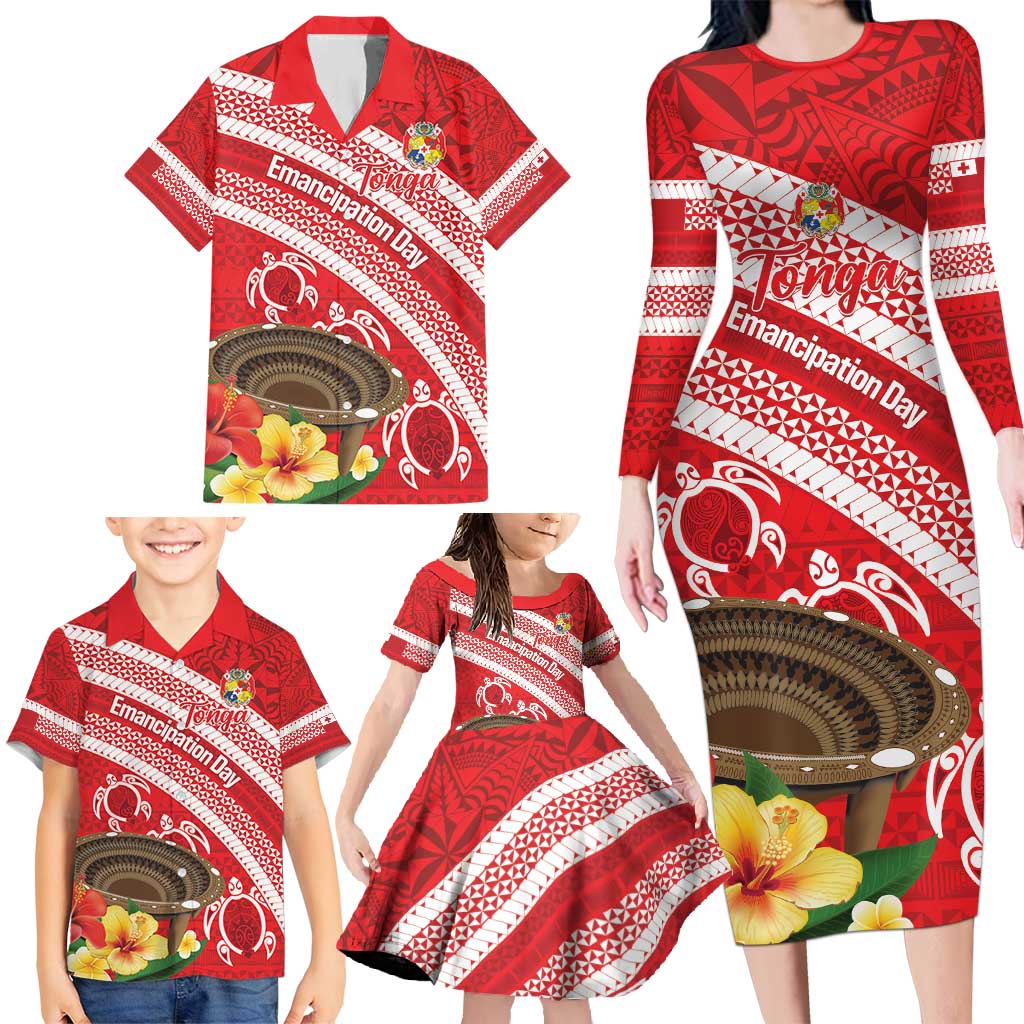 Kingdom Of Tonga Emancipation Day Family Matching Long Sleeve Bodycon Dress and Hawaiian Shirt Tongan Ngatu With Kumete Red