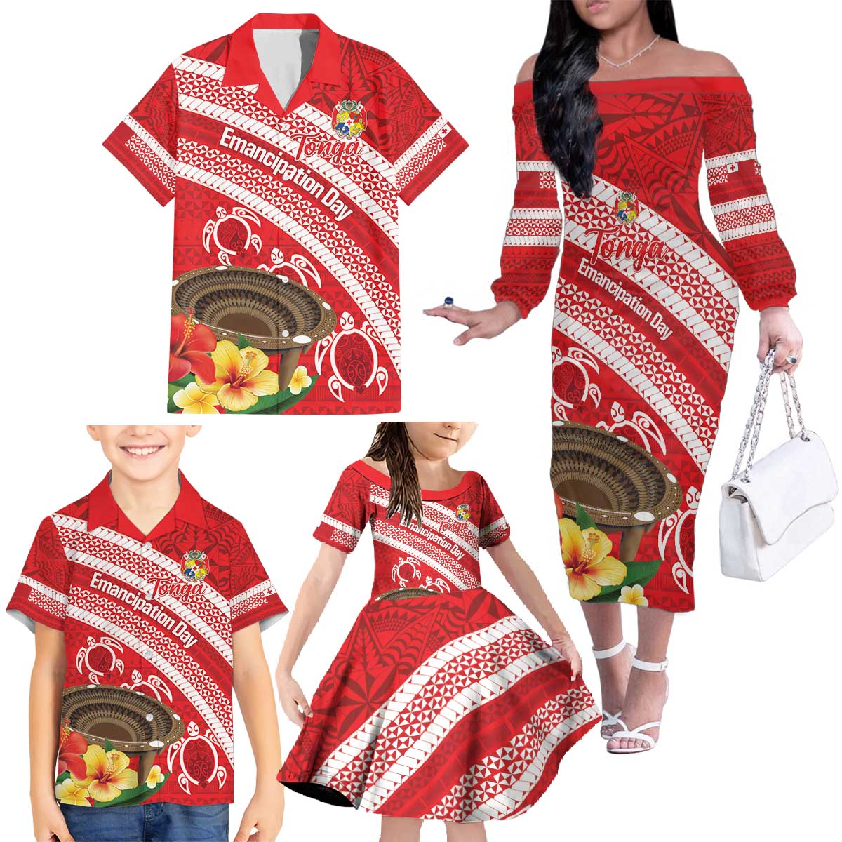 Kingdom Of Tonga Emancipation Day Family Matching Off The Shoulder Long Sleeve Dress and Hawaiian Shirt Tongan Ngatu With Kumete Red