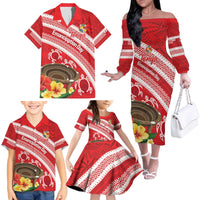 Kingdom Of Tonga Emancipation Day Family Matching Off The Shoulder Long Sleeve Dress and Hawaiian Shirt Tongan Ngatu With Kumete Red