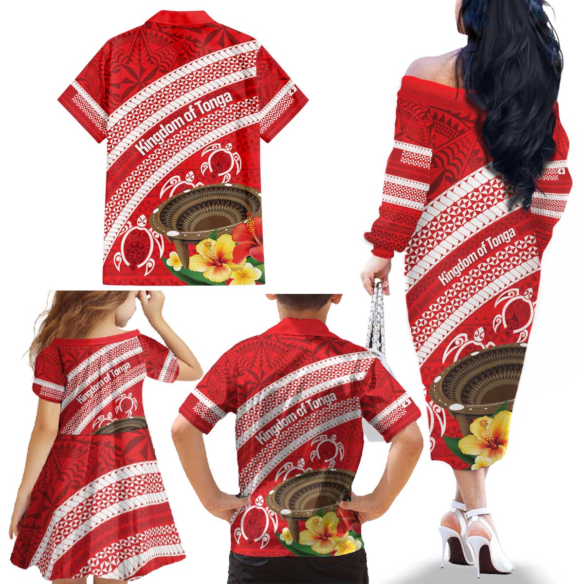 Kingdom Of Tonga Emancipation Day Family Matching Off The Shoulder Long Sleeve Dress and Hawaiian Shirt Tongan Ngatu With Kumete Red