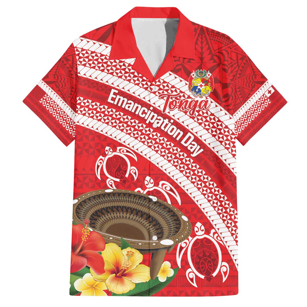 Kingdom Of Tonga Emancipation Day Family Matching Off The Shoulder Long Sleeve Dress and Hawaiian Shirt Tongan Ngatu With Kumete Red