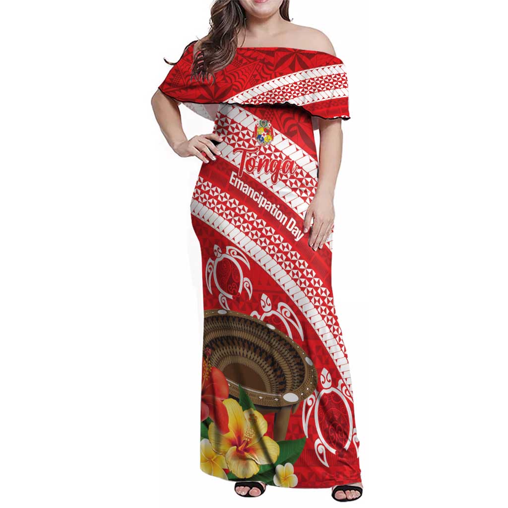 Kingdom Of Tonga Emancipation Day Family Matching Off Shoulder Maxi Dress and Hawaiian Shirt Tongan Ngatu With Kumete Red
