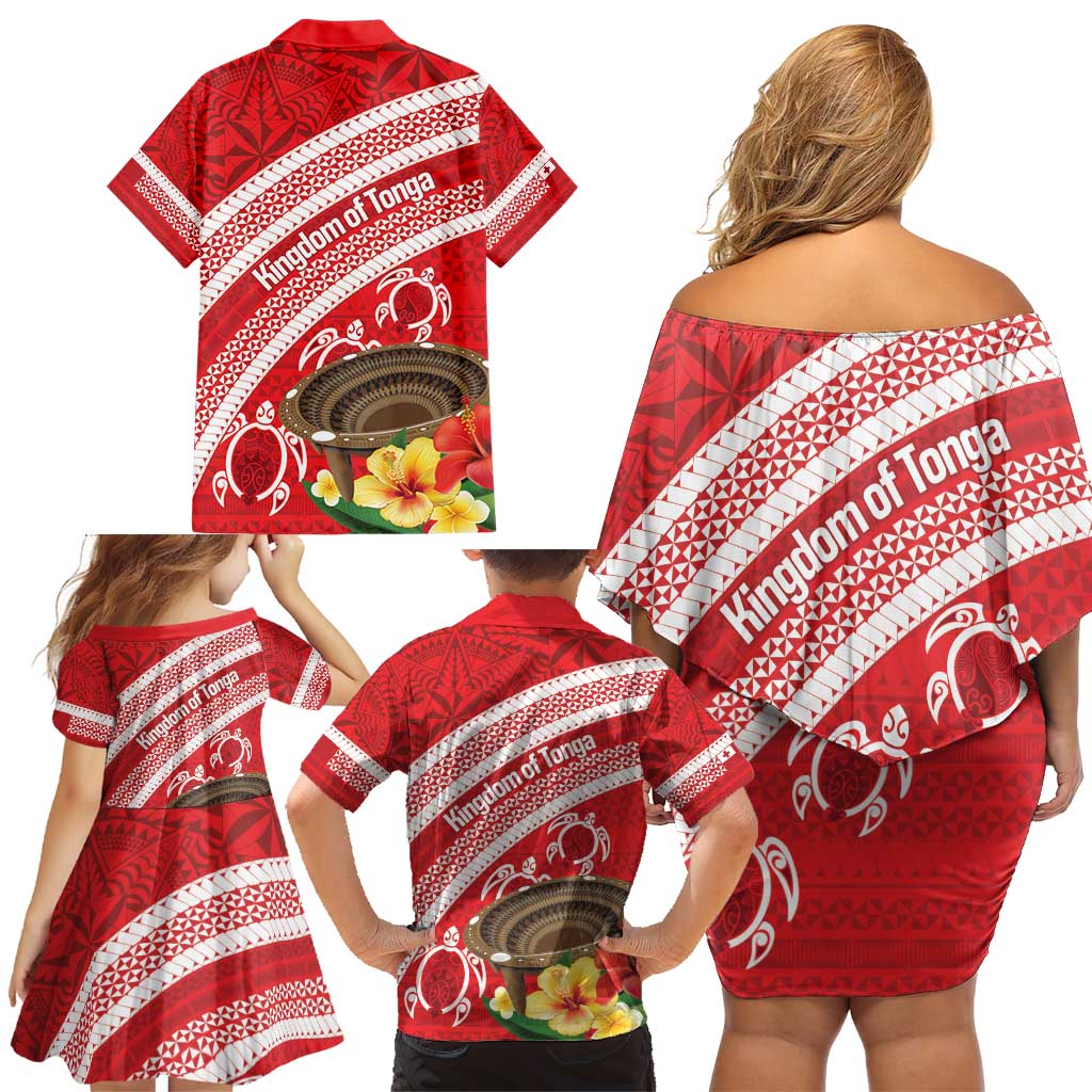 Kingdom Of Tonga Emancipation Day Family Matching Off Shoulder Short Dress and Hawaiian Shirt Tongan Ngatu With Kumete Red