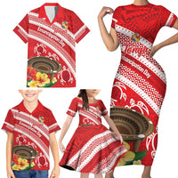 Kingdom Of Tonga Emancipation Day Family Matching Short Sleeve Bodycon Dress and Hawaiian Shirt Tongan Ngatu With Kumete Red