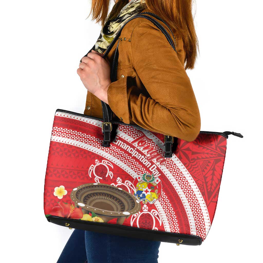 Kingdom Of Tonga Emancipation Day Leather Tote Bag Tongan Ngatu With Kumete Red