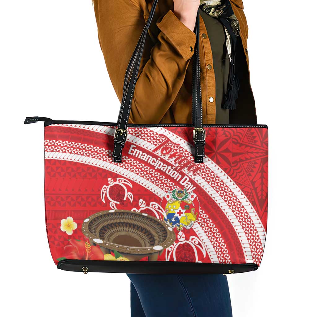 Kingdom Of Tonga Emancipation Day Leather Tote Bag Tongan Ngatu With Kumete Red