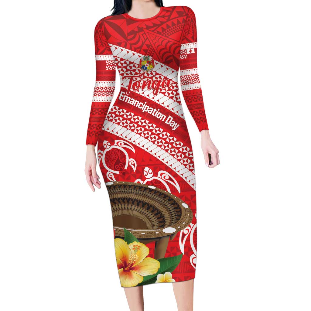 Kingdom Of Tonga Emancipation Day Long Sleeve Bodycon Dress Tongan Ngatu With Kumete Red