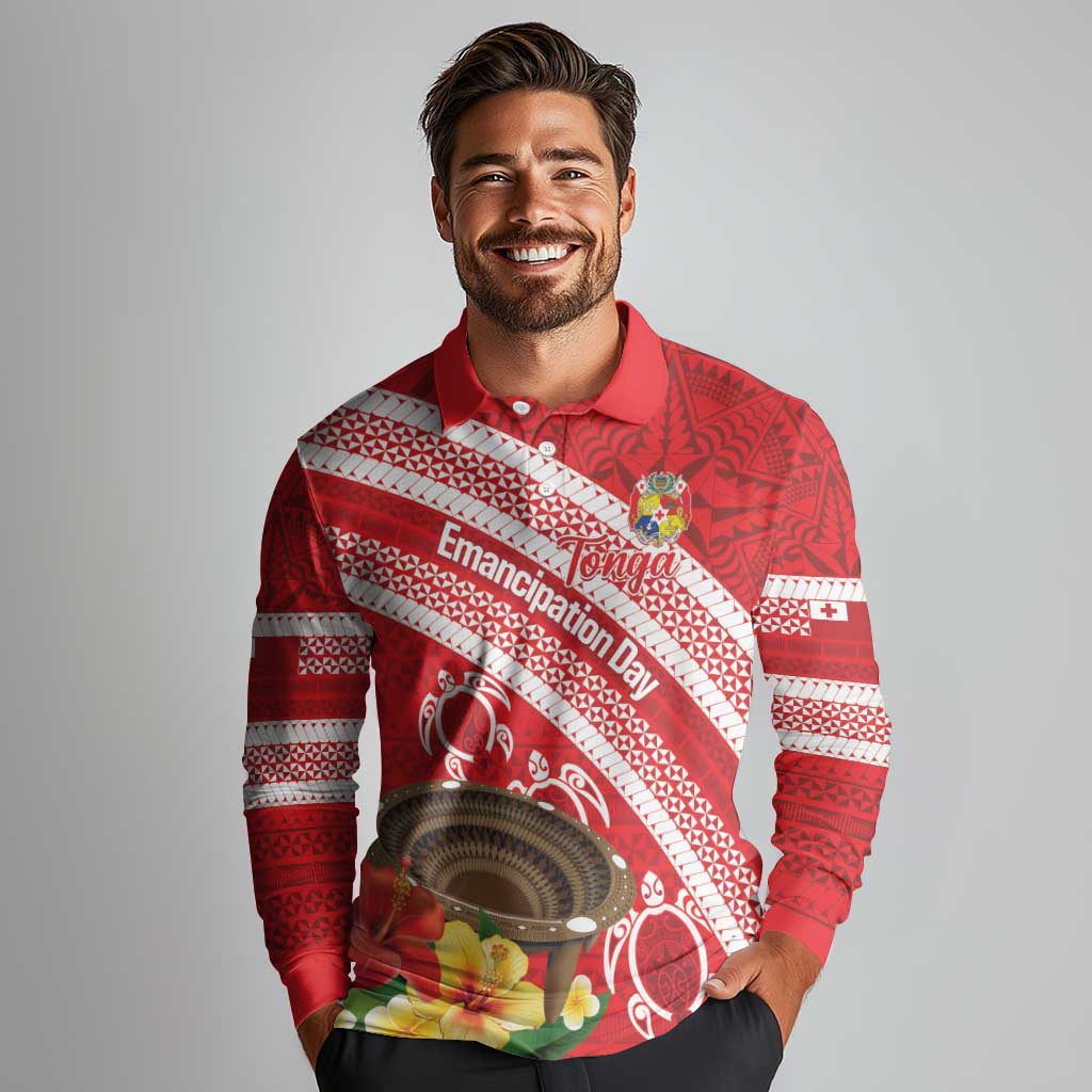 Kingdom Of Tonga Emancipation Day Long Sleeve Polo Shirt Tongan Ngatu With Kumete Red