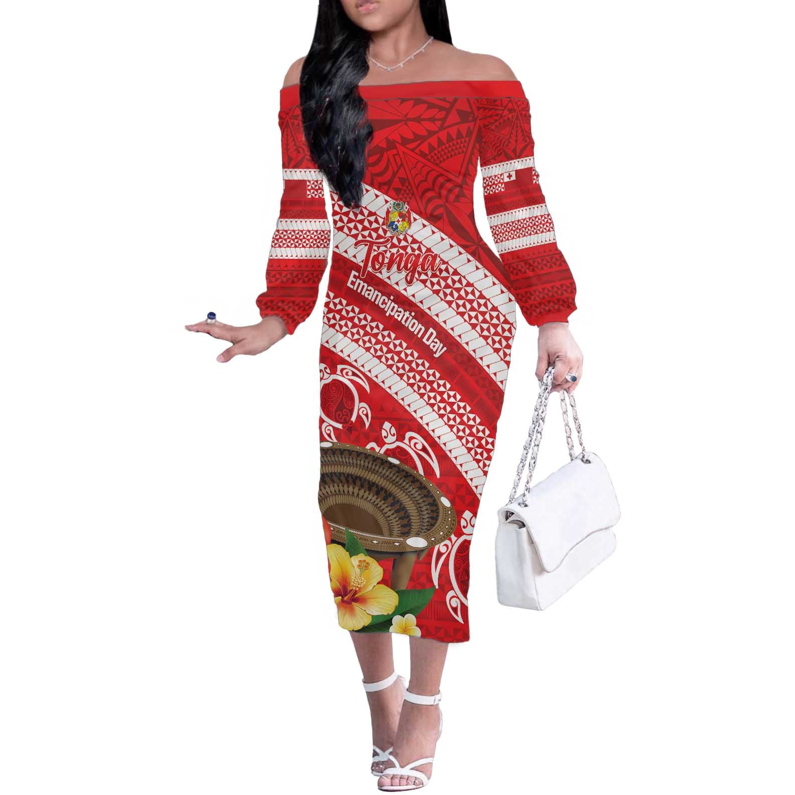 Kingdom Of Tonga Emancipation Day Off The Shoulder Long Sleeve Dress Tongan Ngatu With Kumete Red