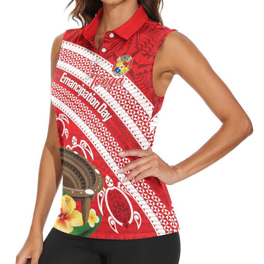 Kingdom Of Tonga Emancipation Day Women Sleeveless Polo Shirt Tongan Ngatu With Kumete Red