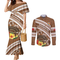 Kingdom Of Tonga Emancipation Day Couples Matching Mermaid Dress and Long Sleeve Button Shirt Tongan Ngatu With Kumete Brown