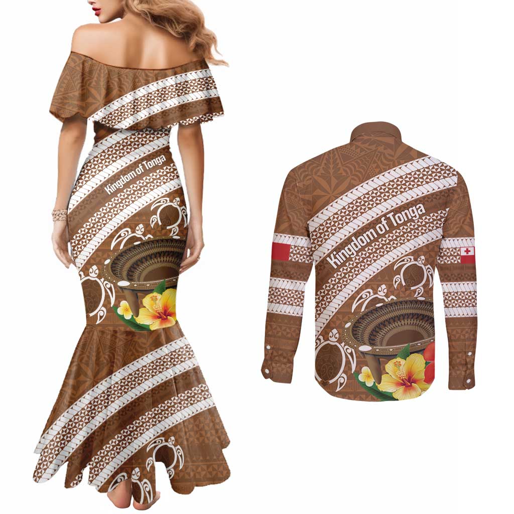 Kingdom Of Tonga Emancipation Day Couples Matching Mermaid Dress and Long Sleeve Button Shirt Tongan Ngatu With Kumete Brown